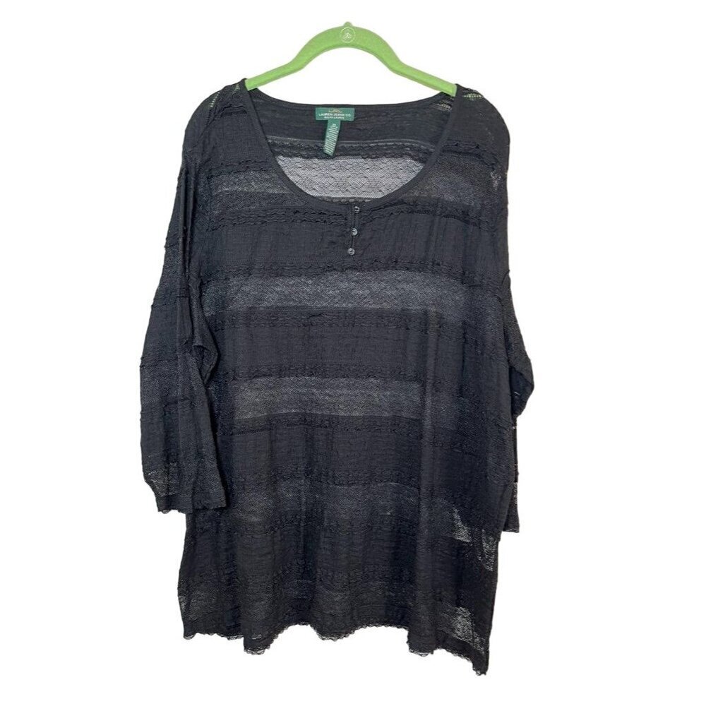 Lauren Ralph Lauren Black Sheer Striped Knit Henley Top